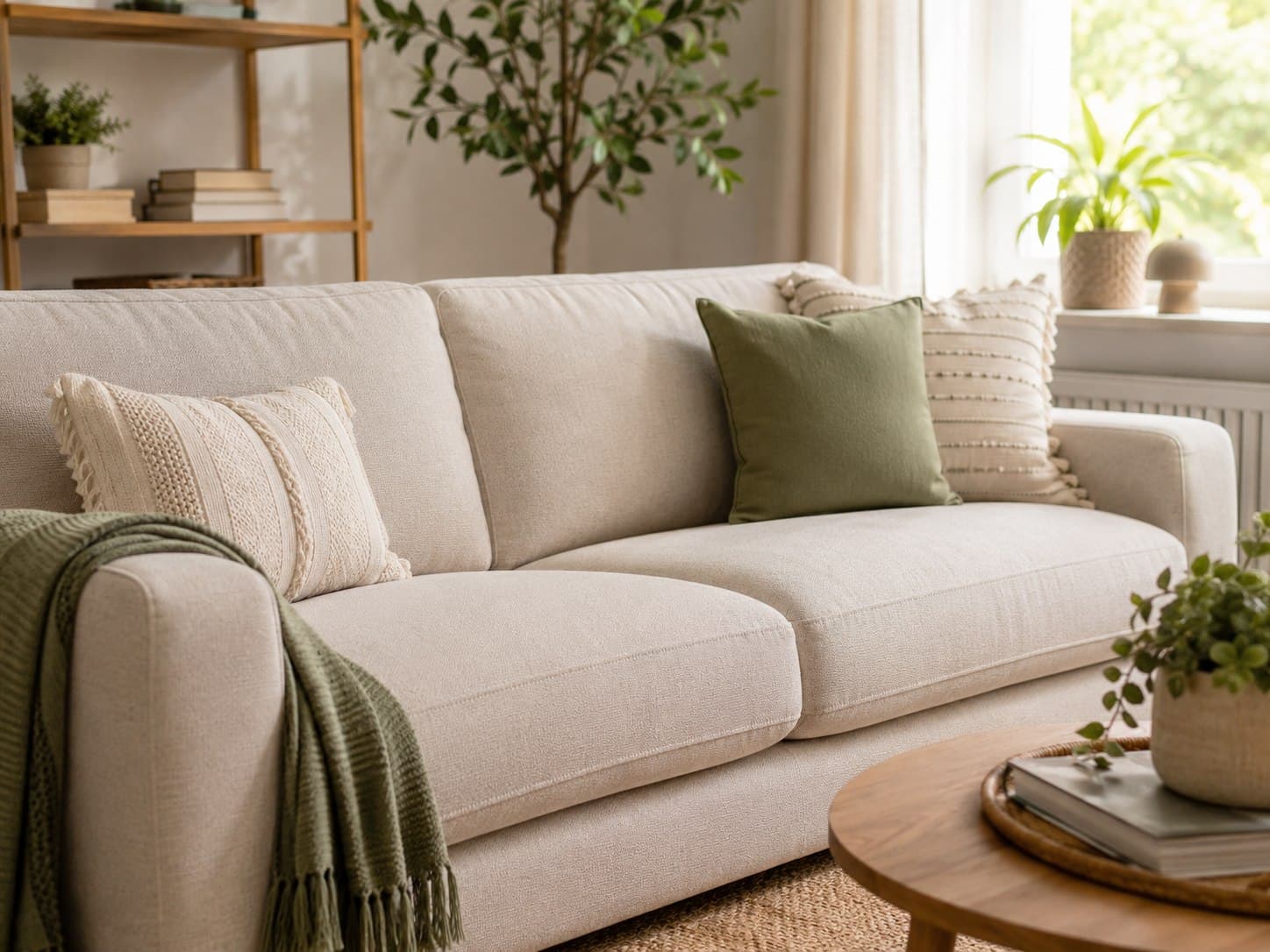 Bright living room with a clean beige sofa after professional upholstery care